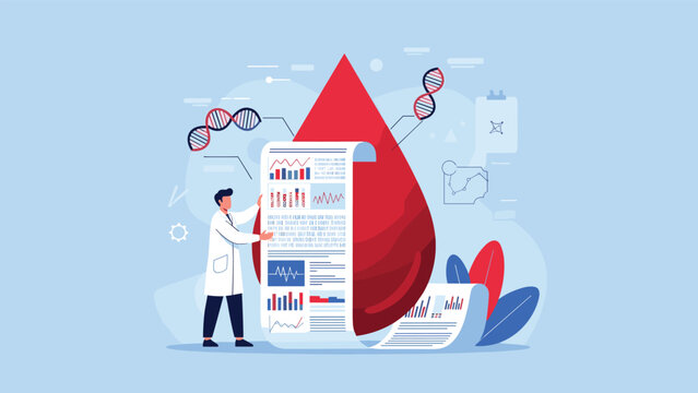 Clinical professional analyzing a long health data report next to a giant red blood drop symbolizing hematology tests and medical research.