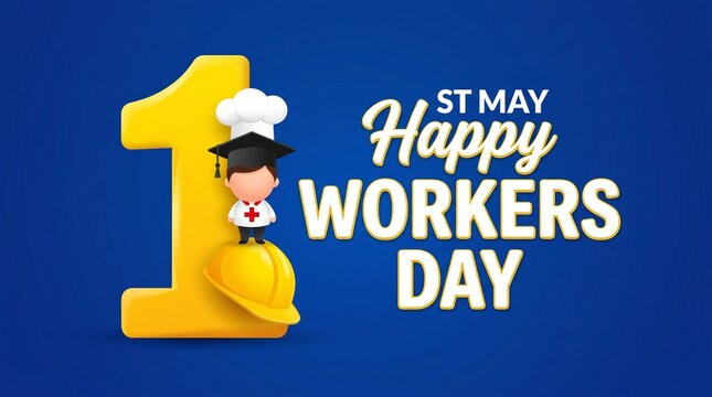 May 1st workers day celebration with cartoon worker on yellow number one and hard hat