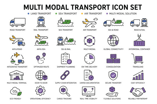 Multi-modal transport icon set with various vehicles and logistics symbols