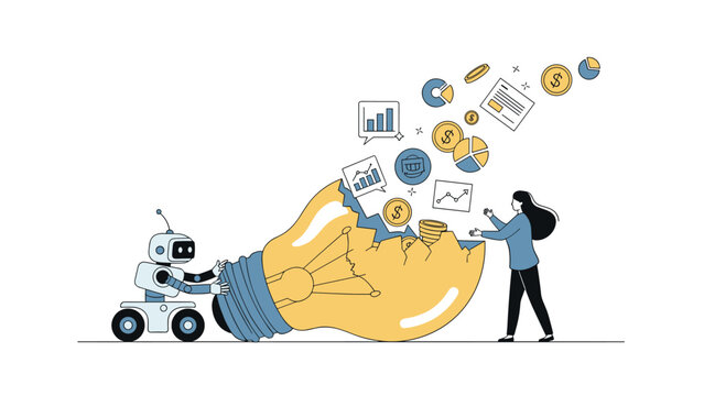 Robot and human woman working together to extract financial data and icons from a giant cracked lightbulb representing collaborative innovation.