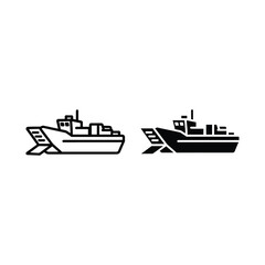 Obraz premium Landing craft ship icon, vector illustration of a military or transport vessel with a ramp