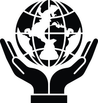Minimalist Hand Holding Globe Icon, Flat Vector Silhouette for Global Care and Community
