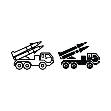 Missile launcher truck icon, rocket launcher vehicle symbol, military transport