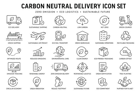 Carbon neutral delivery icon set for sustainable logistics
