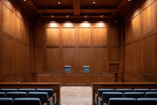 An elegantly designed courtroom features rich wood paneling, tiered seating, and a judge's bench, creating a formal and imposing atmosphere.