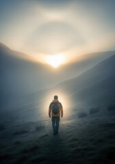 Obraz premium Backpacker walks into the misty morning light between two mountain ridges.