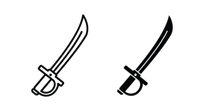 Set of two saber sword icons, outline and solid style, vector illustration of pirate weapon