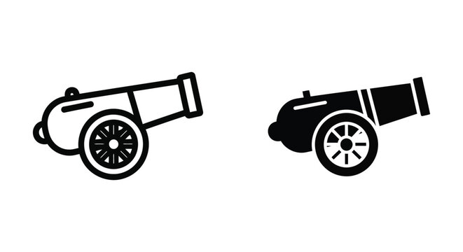 Set of cannon icons, vector illustration of artillery weapon, historical military equipment