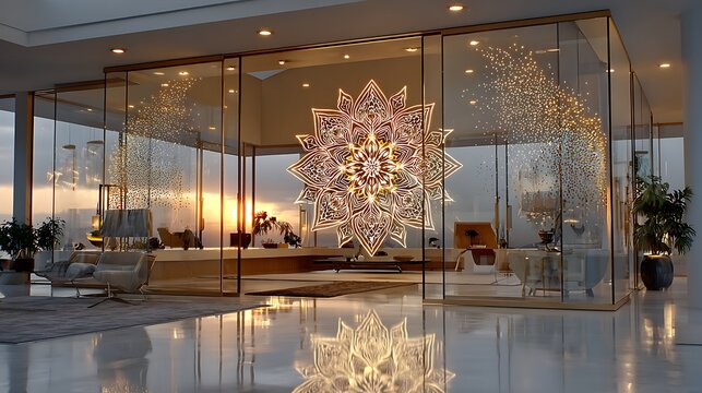 Luxury hotel lobby with geometric chandelier and marble columns