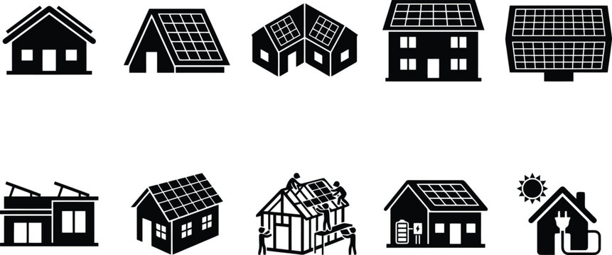 Verschiedene Haus- und Geb&auml;ude-Ikonen, einige mit Solarmodulen auf den D&auml;chern, die erneuerbare Energie und nachhaltiges Wohnen darstellen.