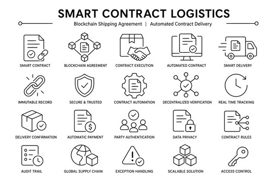 Smart contract logistics process infographic with icons and labels