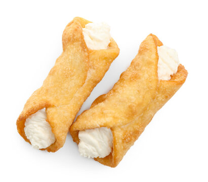Delicious cannoli with cheese isolated on white, top view