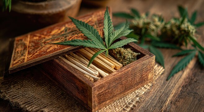 A rustic wooden box filled with rolled cannabis joints and vibrant green leaves showcases a close-up view of the plant's natural beauty and potential.