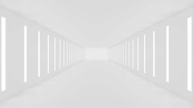 Minimal white corridor with linear lights and depth view