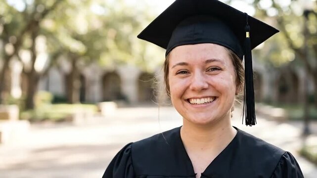 Graduate smiles while tipping her cap outdoors on campus