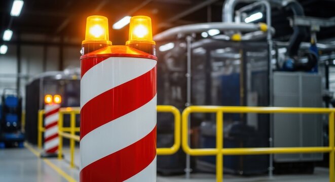 Bright orange flashing lights atop a red and white striped industrial warning pylon in a factory setting