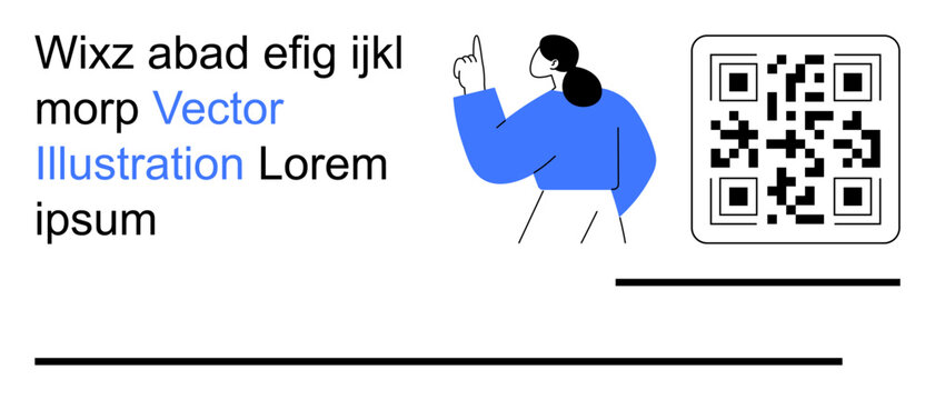 Business promotion, marketing design, educational content, QR integration, technology concepts, user guidance. Woman pointing, QR code and lorem ipsum text in a minimal design. Business promotion