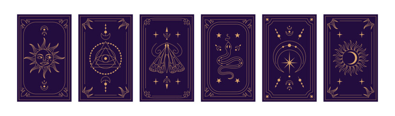 Tarot card. Celestial sun, astrology icon. Line mystical symbol. Esoteric moon, magic star ornaments. Spiritual sign on poster. Pattern esoteric decorative design. Vector background isolated set © Natalia