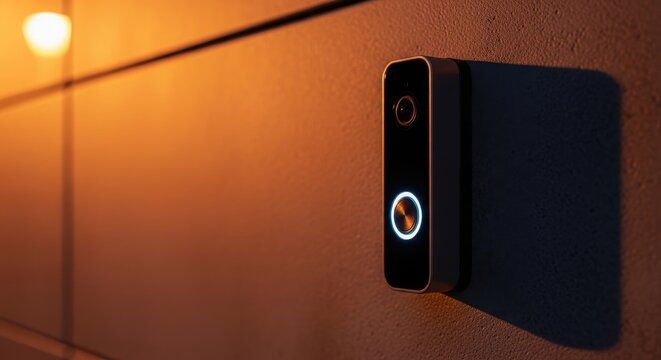 Slim smart doorbell camera with illuminated button mounted on textured wall