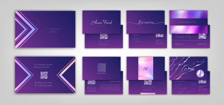 Business card mockup. Layout for logo brand. Graphic name inscription. Elegant contact information. Corporate template with QR code icon. ID text glossy design. Vector premium purple print banners set