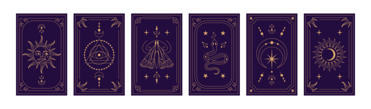 Tarot card. Celestial sun, astrology icon. Line mystical symbol. Esoteric moon, magic star ornaments. Spiritual sign on poster. Pattern esoteric decorative design. Vector background isolated set