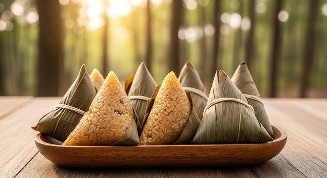 Traditional zongzi rice dumplings wrapped in bamboo leaves on a wooden plate during the dragon boat festival