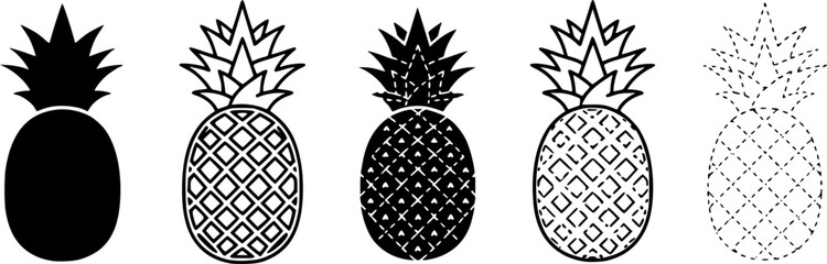 Obraz premium Simplified pineapple icon. Symbol of tropical fruit: black silhouette, outline lines, and dashed line. Five style variations. 