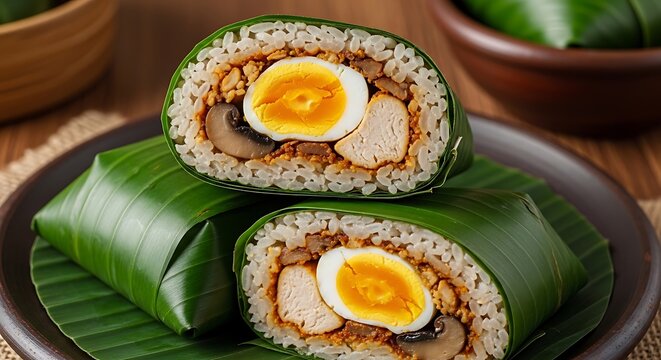 Traditional indonesian lemper rice cake filled with spiced chicken and egg served on a green banana leaf plate