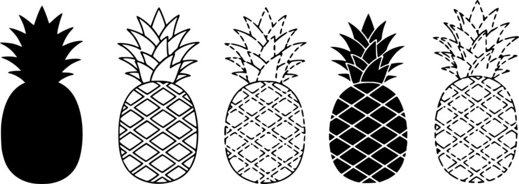 Simplified pineapple icon. Symbol of tropical fruit: black silhouette, outline lines, and dashed line. Five style variations.
