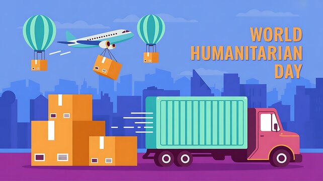 World humanitarian day with logistics and aid delivery concept shipping container hot air balloon delivery syste