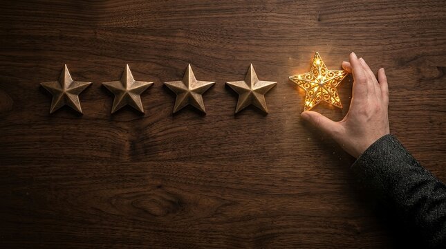 Hand adds glowing golden star to four bronze stars on dark wood symbolizing top quality excellent service