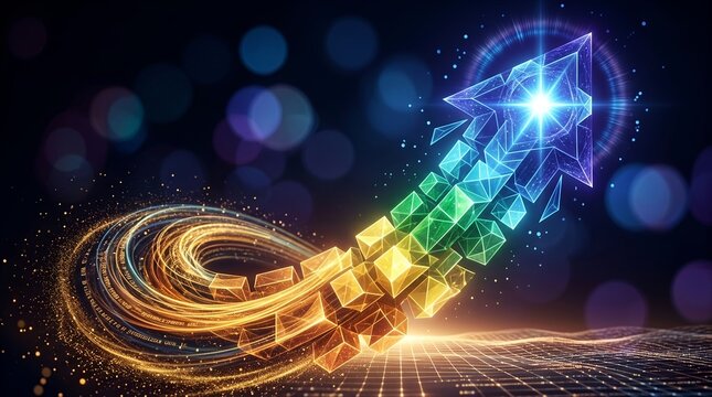 Abstract glowing futuristic arrow composed of digital cubes moving forward on a grid with bokeh lights background