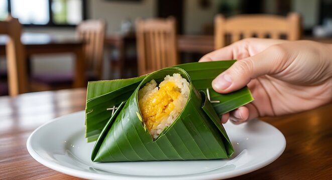 A hand holding a traditional indonesian rice snack wrapped in a green banana leaf served on a white plate in a kitchen