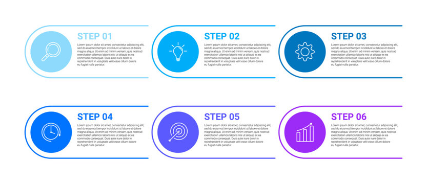 Six step process flowchart with icons illustrating sequential workflow stages on light background