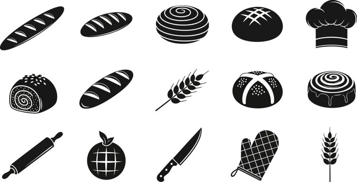 black and white bakery icons including bread rolls and kitchen tools on white background