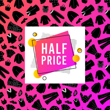 Sale banner. Fashion shop discount. Buying promotion label. Advertising sticker. Retail marketing promo. Trendy clothes boutique. Price special offer. Vector social media shopping square card design