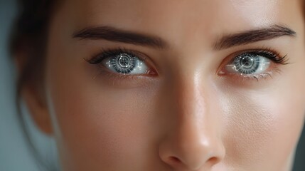 Fototapeta premium Intense close up portrait highlighting deeply reflective eyes suggesting technological insight and human cognitive focus