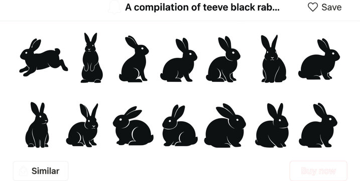 Black rabbit silhouette collection featuring various bunny poses sitting running and standing in simple flat vector icon set isolated on white background