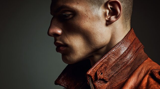 Young man gazes downward, intense and pensive. Leather collar frames his jaw, worn and textured. Soft lighting highlights skin and stubble with quiet gravity. Background remains dark