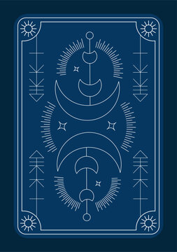 Magic frame. Mystic galaxy icons. Line space stars. Blue outline sun. Esoteric crescent. Fortune prediction. Occult celestial astrology symbols. Witchcraft and divination. Vector spiritual tarot card