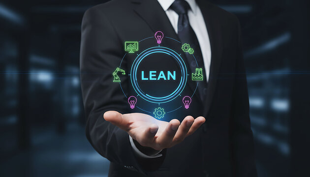 Lean Management Concept with Businessman and Manufacturing Technology Graphic Icons