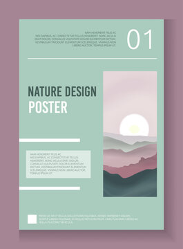 Nature design poster. Hill landscape with sunrise. Abstract collage journal brochure. Pastel sunset scenery. Modern typography print. Magazine cover. Flyer text frame. Vector creative card template