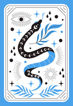Mystic boho card. Magic fortune prediction. Oracle snake with moon crescent. Witchcraft and divination. Esoteric stars. Line gypsy eye. Graphic plant leaves. Vector spiritual banner bohemian design