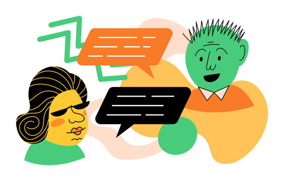 Portrait quirky face. Dialogue bubble. Talk balloon. Speech or question abstract chat. Geometric simple color shape. Dialog speak message. Female or male doodle heads. Vector communication concept