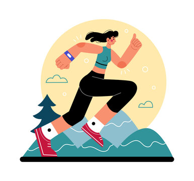 Run in park. City training. Woman running. Forest road. Fitness workout. Athletic marathon. Sportsman jogging. Healthy lifestyle. Physical exercise. Cartoon jogger character side view. Vector concept
