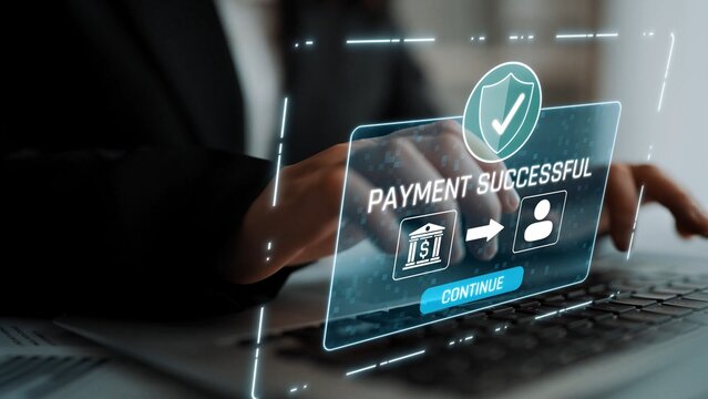 Successful transaction message showing secure payment. Payment confirmed, secured, payment processed, and payment completed with trust and transaction integrity. Marrow