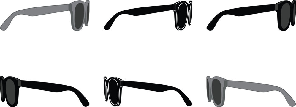 Detailed black and grey flat vector illustration collection of stylish sunglasses silhouettes shown from a side profile view for fashion accessories.