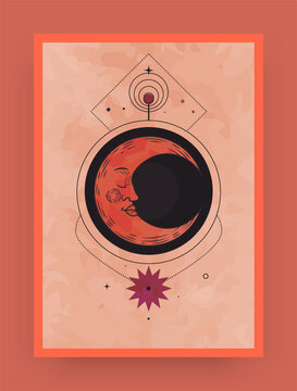 Magic frame. Occult celestial symbols. Moon crescent circle. Mystic space stars. Geometric shapes. Esoteric fortune prediction. Astrology icon. Witchcraft and divination. Vector spiritual tarot card