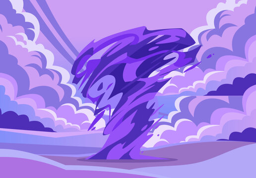 Tornado game. Air hurricane. Wind vortex with purple clouds. Natural disasters. Magic twist attack. Atmosphere spiral windstorms. Stormy twisters. Dangerous catastrophe. Vector magical whirlwind swirl