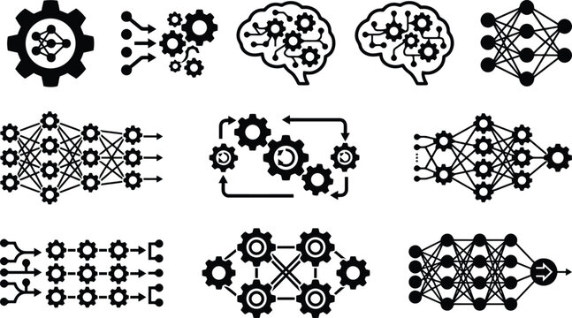 Verschiedene Icons und Symbole f&uuml;r neuronale Netze, k&uuml;nstliche Intelligenz und maschinelles Lernen.
